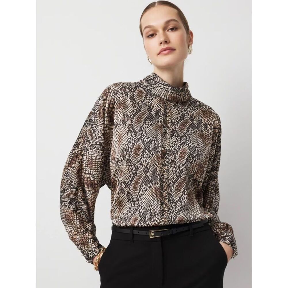 WHBM L Warm Brown Black Snake Dolman Tie Back Satin Blouse
